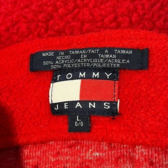 Vintage 90s Womens Tommy Hilfiger Red Retro Fleece Cropped Sweatshirt Sz L - Picture 2 of 10